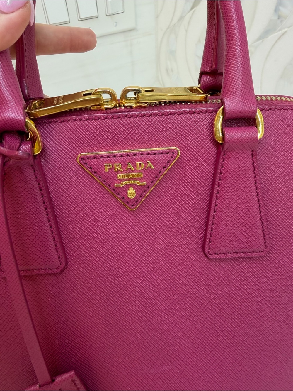 Prada Magenta Saffiano Mini Pyramid Bag with Gold Hardware. Excellent pre-loved. - Picture 5 of 15